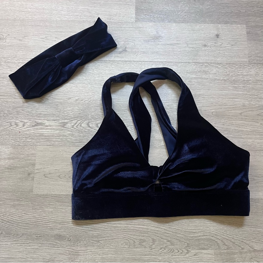 Fabletics Dark Navy Blue Velvet Sports Bra and Headband